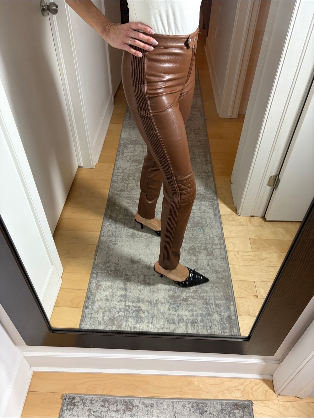Babaton Brown Faux Leather Skinny Moto Pants